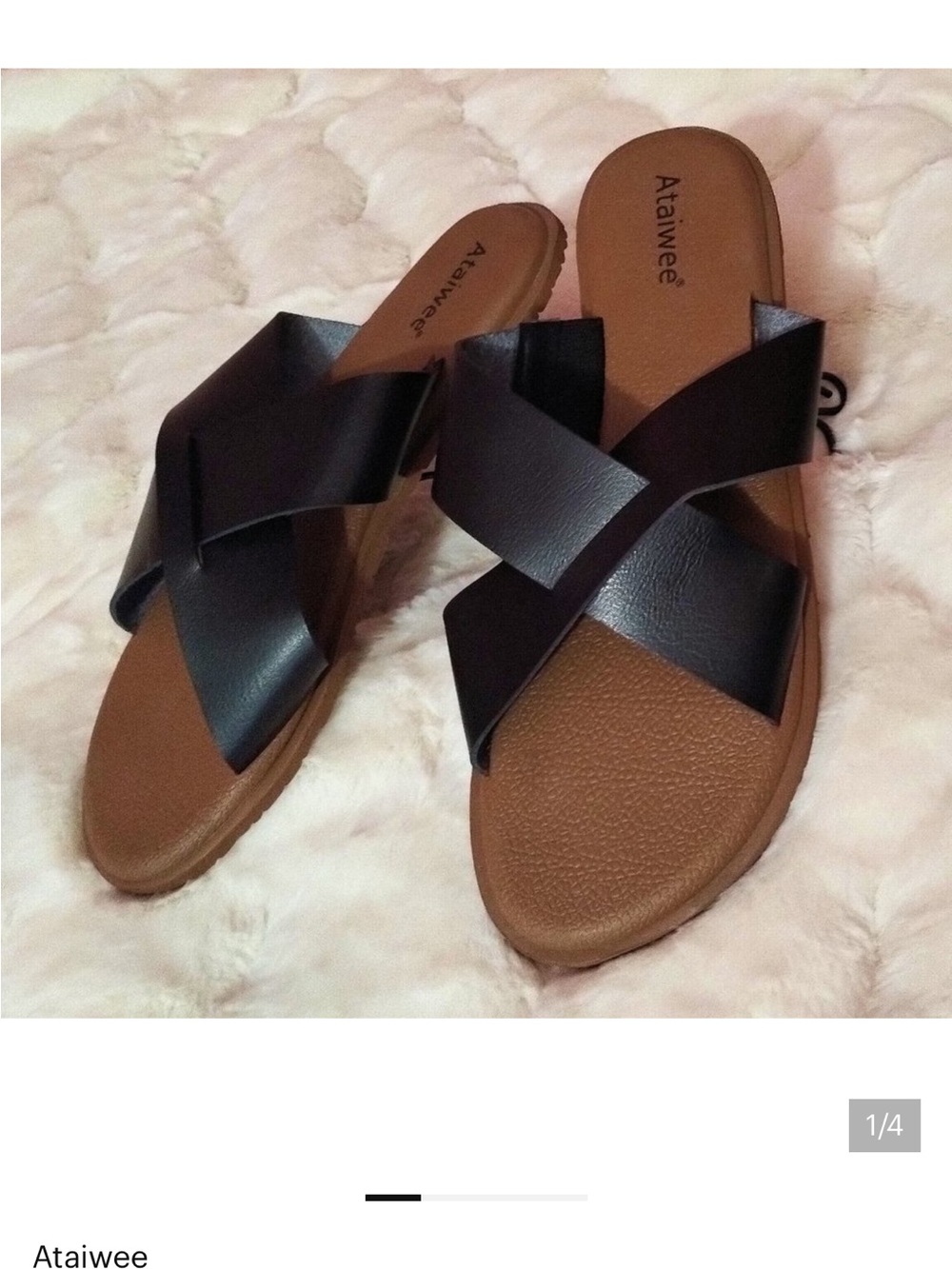 Ataiwee faux leather Women’s Black Crisscross Slide Sandals with Brown Footbed